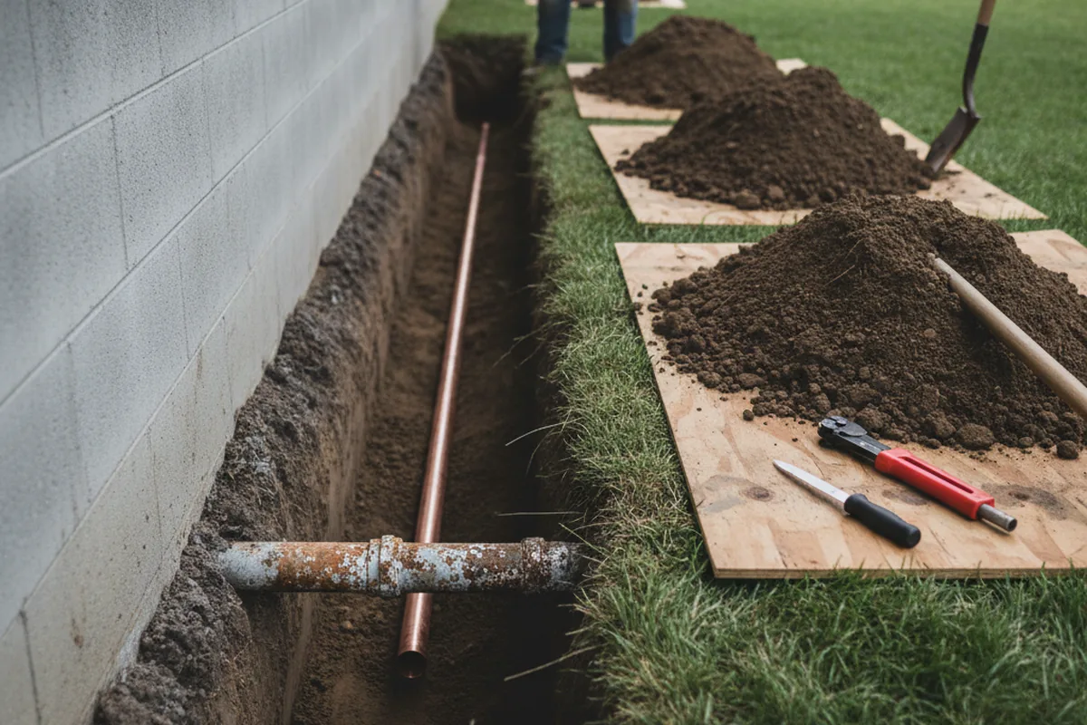 Excavated water line trench during Water Softener Installation in Paradis